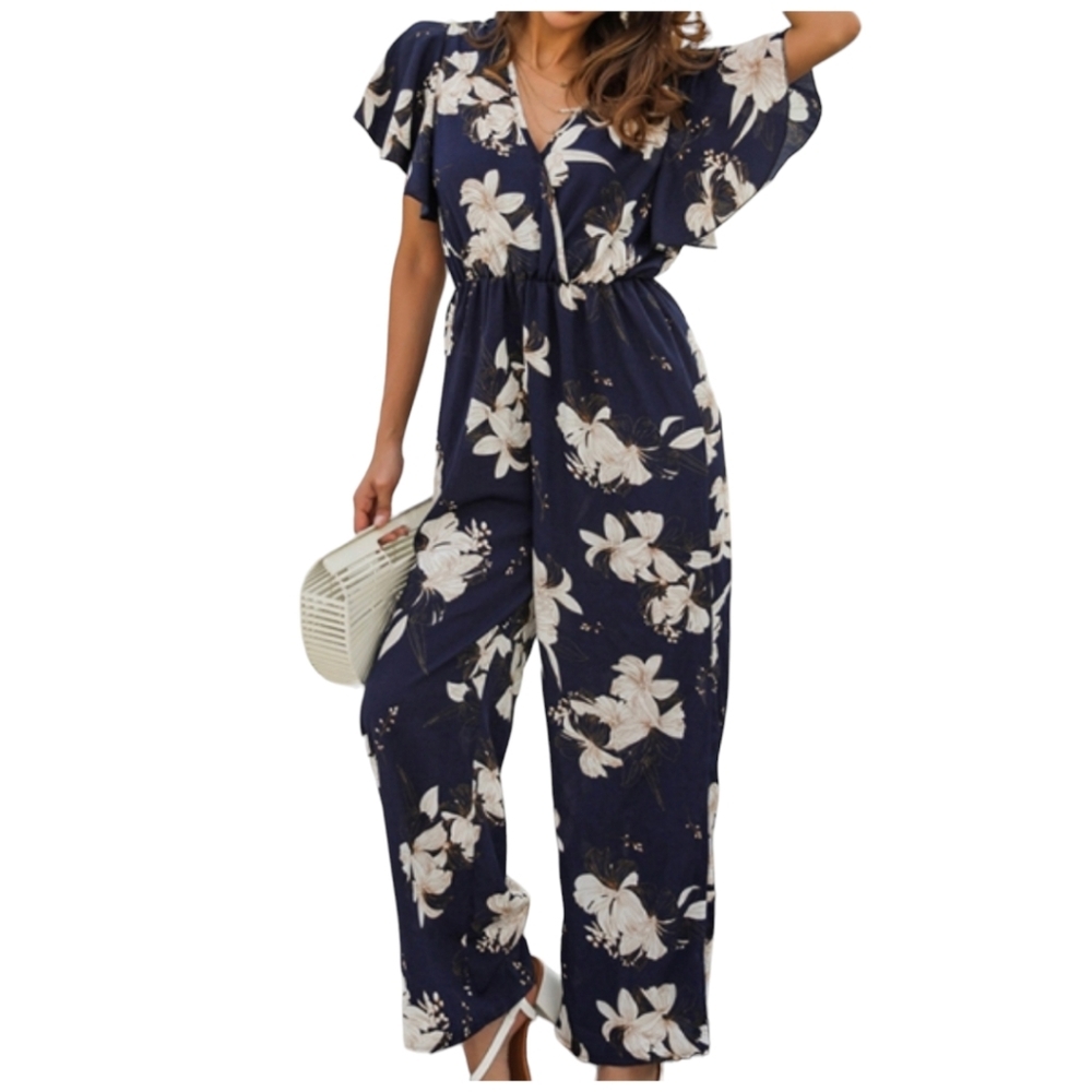 Band Of Gypsies BOG XS‎ Wide Leg Boho Resort Floral Jumpsuit Pockets Navy